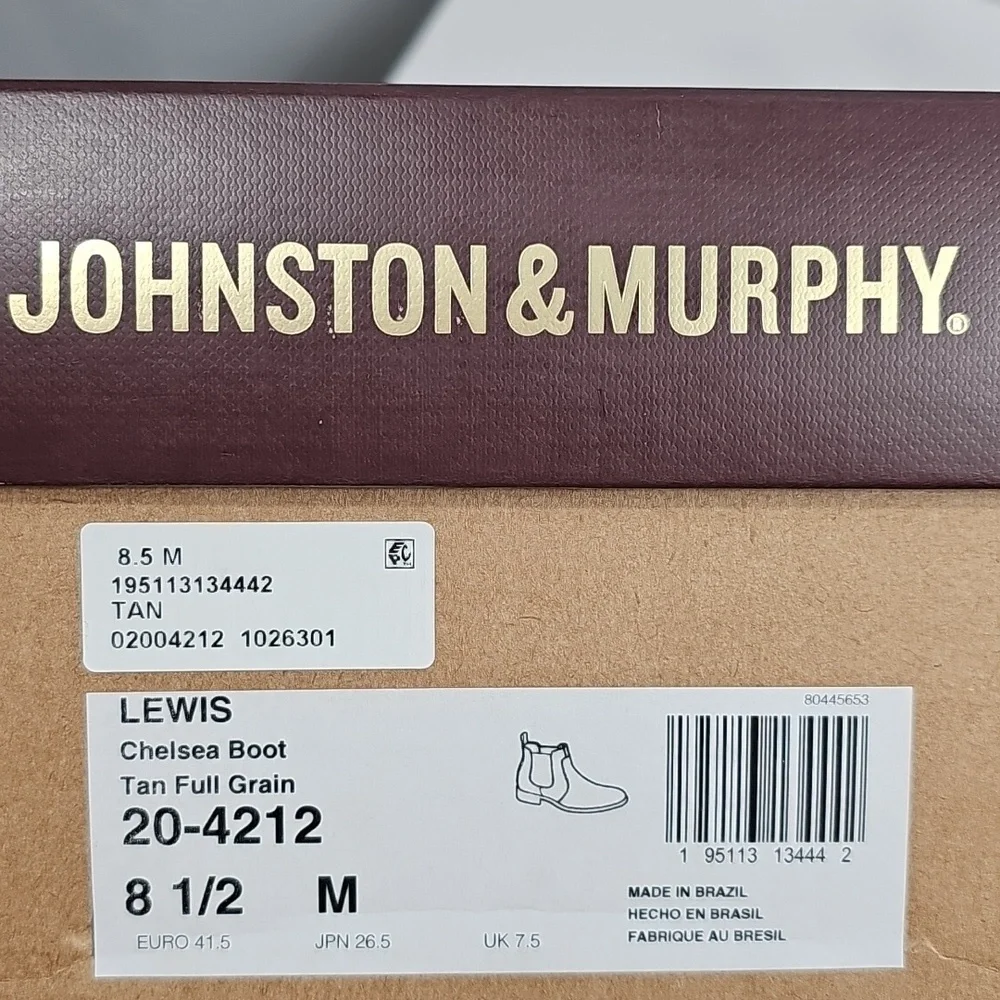 NIB Johnston & Murphy Men's Lewis Chelsea Boots 8.5 Tan Full Grain Leather